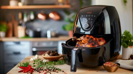 A succulent whole chicken roasting inside the air fryer, surrounded by colorful vegetables,...