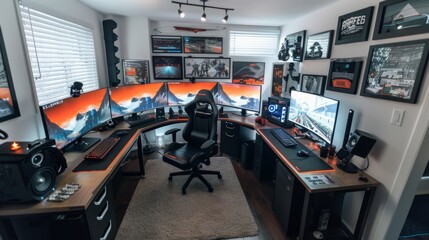 Command center vibes: a gaming room with a centralized gaming desk and various monitor setup