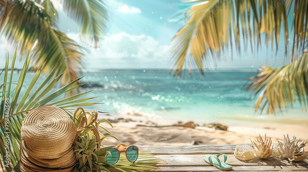 Poster Beautiful summer background with a beach bag, sunglasses and flip flops on a wooden table. A view of a tropical sandy shore with palm trees and a blue sky. Generative AI.