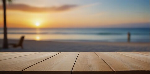Empty Wooden Table on Gold Sea Summer Background