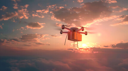 autonomous delivery drones soar through a stunning orange sky, accompanied by a fluffy white cloud