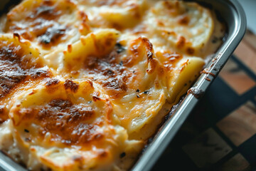 Close-up Shot Top view, Cheesy Scalloped Potatoes, food photography