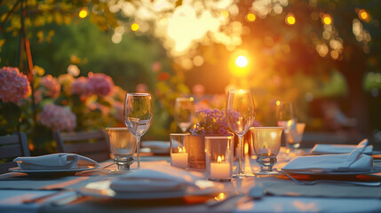 Elegant and select dinner decoration restaurant table outside spring in summer style Wine Glass on the table Soft light and romantic atmosphere sundowner service menu guests candle