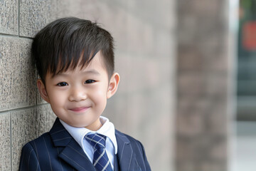 Adorable young boy with a charming smile, dressed in a smart blue suit and tie, leaning casually against a grey wall outdoors. Perfect for education and childhood themes