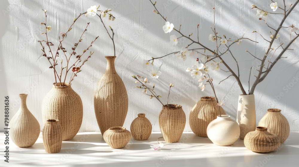 Poster several vases are placed on top of a table, creating a decorative display of various shapes and size