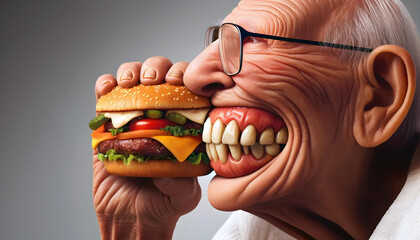 Side profile of elderly man preparing to eat a large burger, showing off his dentures with a big grin