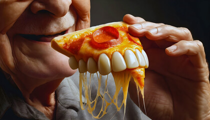 Elderly man who has bitten into a slice of pizza, only to leave his false teeth embedded in the crust