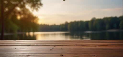 Empty wooden table top with blurred nature background. Calm sunny evening in nature with view to...