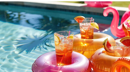 A pool filled with a colorful pool float and various drinks floating on the water surface