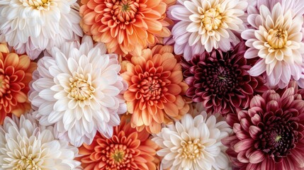 Close up of chrysanthemum flowers arranged in a collage Nature inspired backdrop