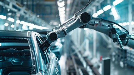 The art of automation: robots applying protective coatings to car exteriors with pinpoint accuracy - obrazy, fototapety, plakaty