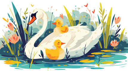 Couple of white swans and brood of cygnets floating