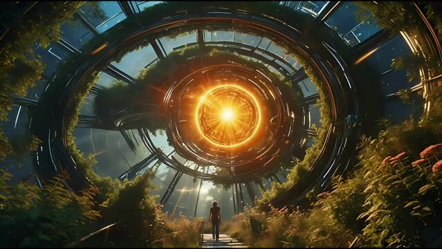 A teleportation hole to move to another dimension in the shape of a circular and pivoted building in an old forest 