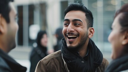 Close up view of the face of a young middle eastern Muslim man smiling kindly.