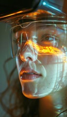 A young woman wearing a virtual reality headset. She is looking at a futuristic city.