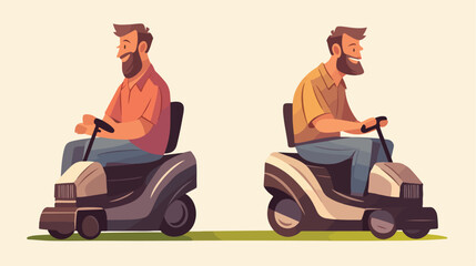 Happy bearded man sitting on lawn mower isolated on