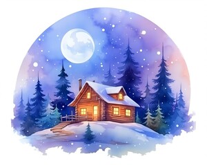Fototapeta premium A watercolor painting of a small cabin in the woods at night. The cabin is surrounded by snow-covered trees and a large moon is shining in the sky.