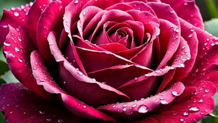 A bright crimson rose with morning dew droplets.