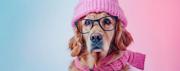 Dog wearing a pink hat and glasses against a colorful background.
