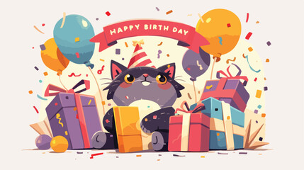 Happy birthday inscription and adorable cartoon cat
