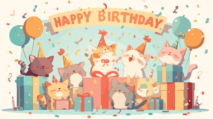 Happy birthday inscription and adorable cartoon cat