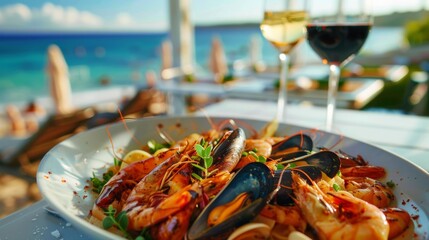 A beachside restaurant serving a seafood platter featuring grilled mussels, prawns, and calamari, against a scenic ocean backdrop.