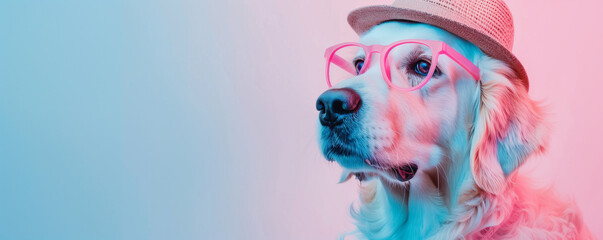 Stylish dog with glasses and a hat in pastel tones