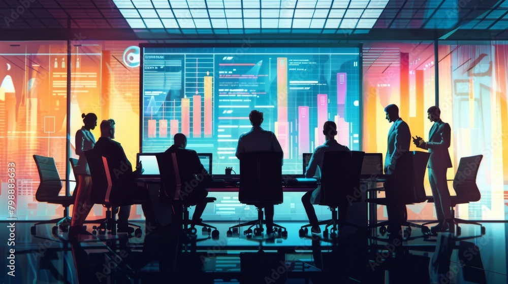 Poster a boardroom scene with executives reviewing business strategies while surrounded by strategic graphs
