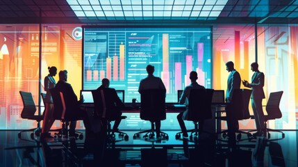 A boardroom scene with executives reviewing business strategies while surrounded by strategic graphs.