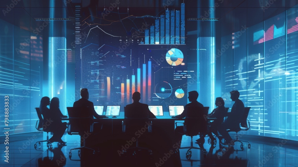 Poster a boardroom scene with executives reviewing business strategies while surrounded by strategic graphs
