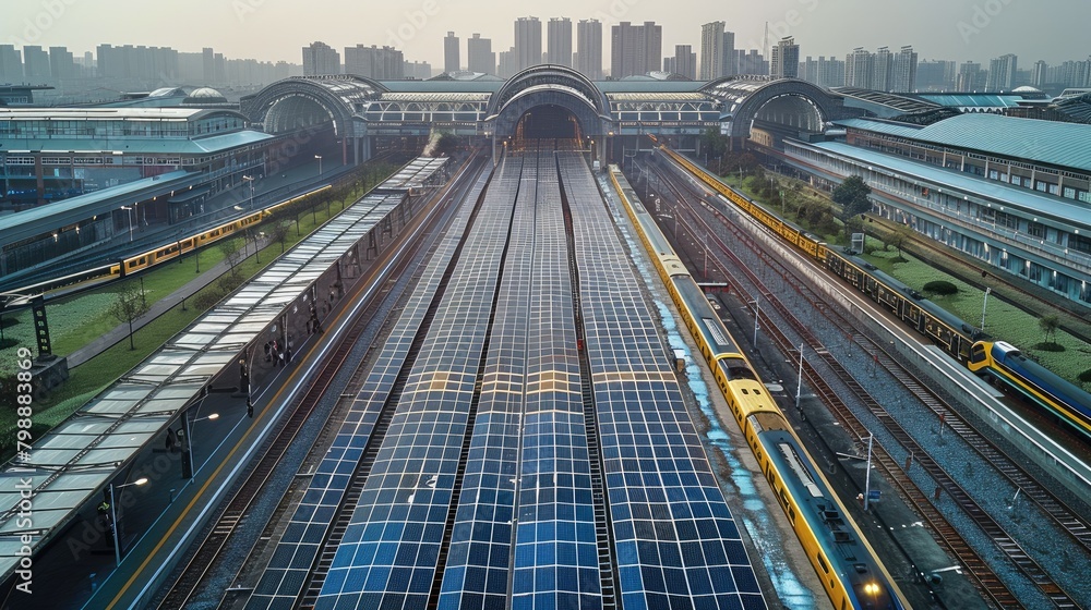 Poster solar pv of railway station. aerial high view. generative ai.