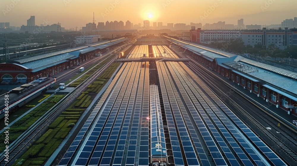 Poster solar pv of railway station. aerial high view. generative ai.