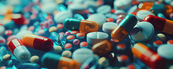 Assorted colorful medications and pills scattered in abundance.