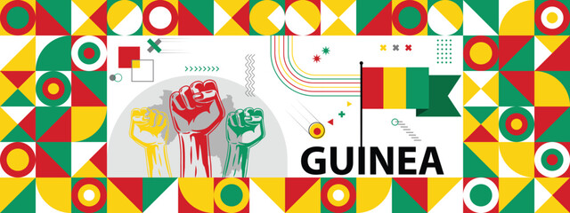  Flag and map of Guinea with raised fists. National day or Independence day design for Counrty celebration. Modern retro design with abstract icons. Vector illustration.