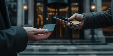 businessman exchanging business cards with a client using a digital card and a smartphone