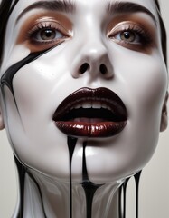 woman with blood dripping down her face and mouth. She has red eyes, dark lipstick, and white skin. The blood drips down her face and travels down her chin. - obrazy, fototapety, plakaty
