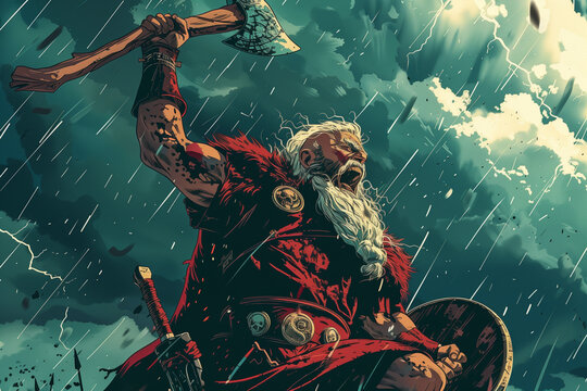 Vector Illustration: Angry Berserker Viking with Axe in Action - Mythology Fantasy Art