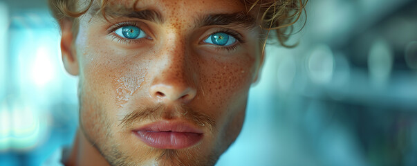Close-up of a blue-eyed young man with freckles.