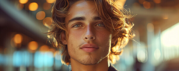 Young man with curly hair in golden hour light