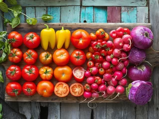Fotobehang A wooden board with a variety of vegetables including tomatoes, radishes, and onions. The board is arranged in a rainbow pattern, showcasing the different colors of the vegetables © MaxK