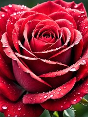 A bright red rose with morning dew droplets.