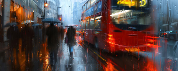 Rainy urban scene with red bus and pedestrians with umbrellas.