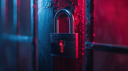 cybersecurity concept a red door stands in front of a locked padlock, with a red light in the backg