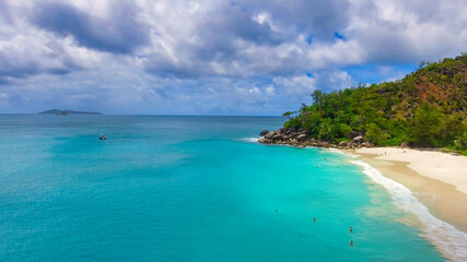 Praslin Beach, Seychelles. Aerial view of tropical coastline on a sunny day