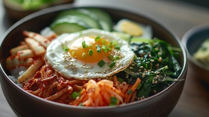 A bowl of traditional Korean bibimbap with floating sunny-side-up egg and assorted vegetables, a flavorful and nutritious meal.