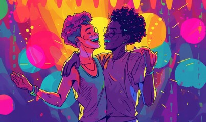 A vibrant illustration of two in love Afro gay men dancing at a party, featuring bold orange hues, digital artwork