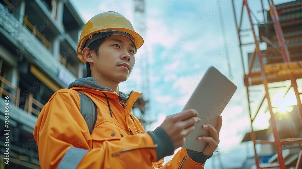Poster An Asian engineer inspects and works at a construction site using a tablet computer. Generative AI.