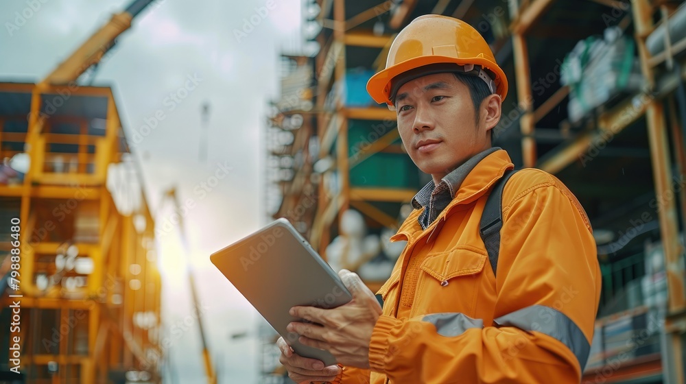 Poster An Asian engineer inspects and works at a construction site using a tablet computer. Generative AI.