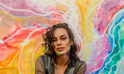 A beautiful curly-haired woman of European descent against a backdrop of vibrant rainbow-colored street art in watercolor style