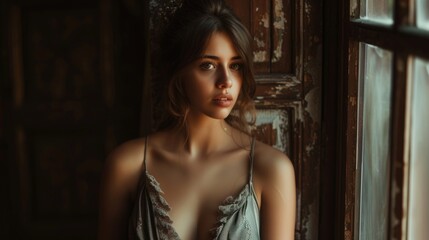 Naklejka premium Ethereal woman gazing out of a vintage window in a dimly lit room